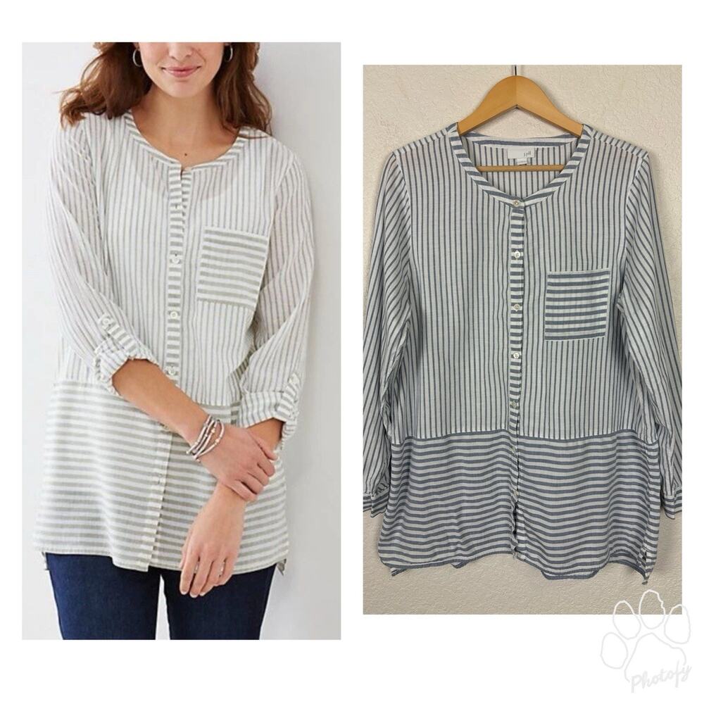 J Jill 100%‎ Cotton Womens Top Sz Large Blue White Beachy Coastal Beach Resort